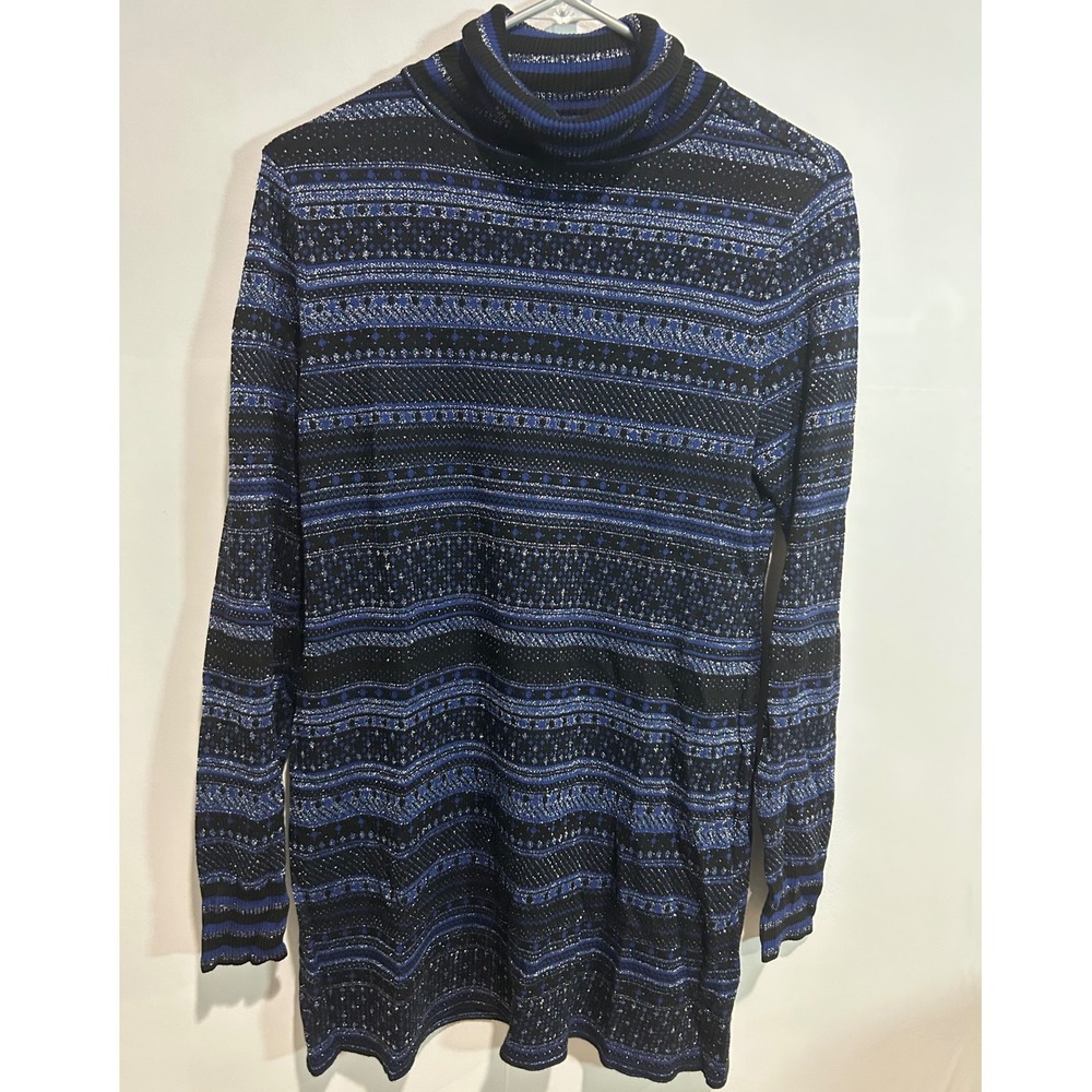 White House Black Market Sweater Large Blue Metallic Fair Isle Keyhole Back